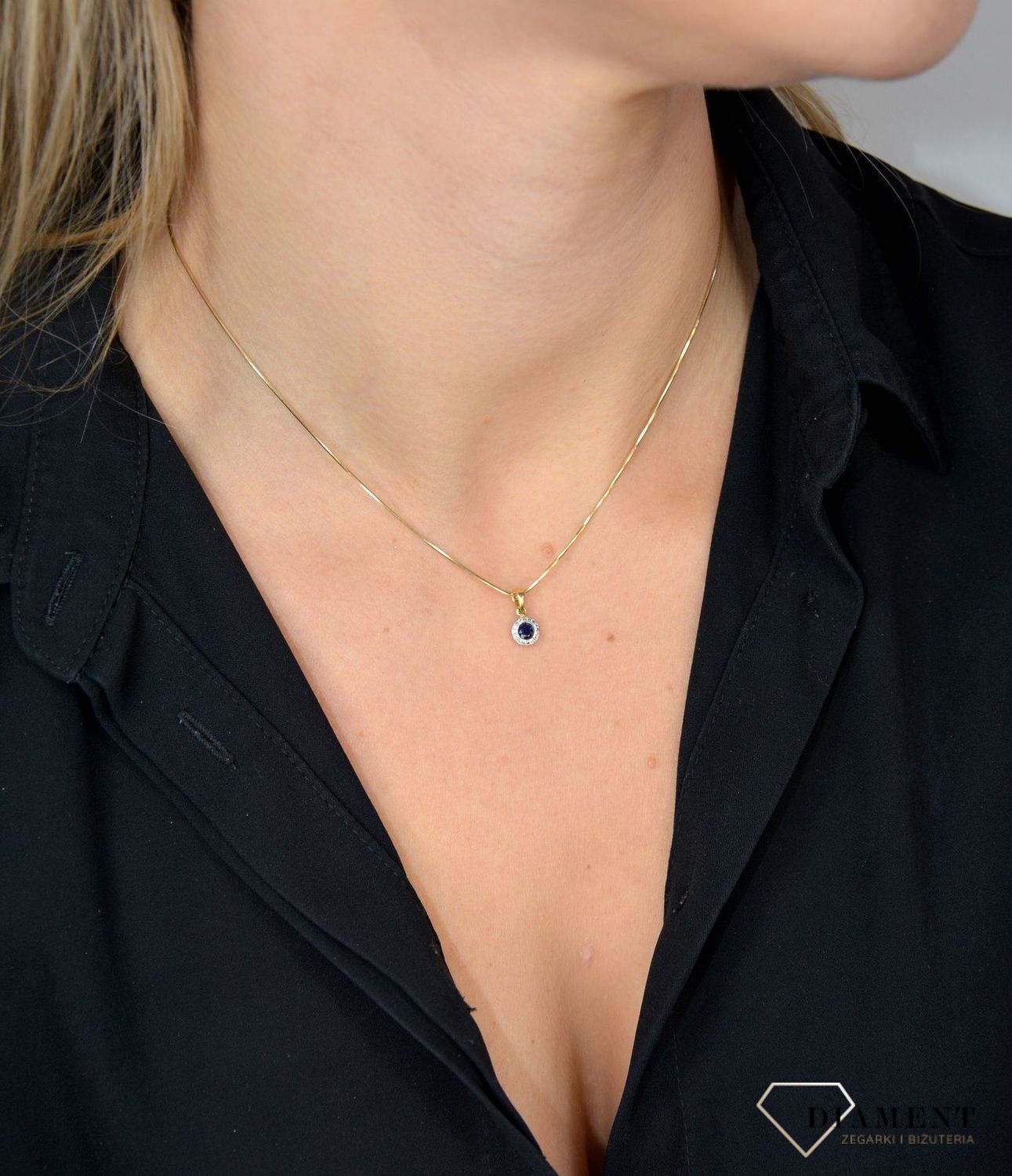 Złota zawieszka DIAMENT 585 okrągła szafir, diamenty P 330SAP Y.jpg